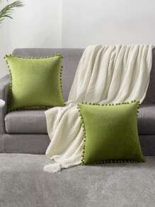 1 Vỏ Gối Nhung Có Đồ Trang Trí Pom-pom, Vỏ Gối Trang Trí Rắn Mềm Cho Ghế Dài, Phòng Khách, Ghế Sofa, Phòng Ngủ, Xe Hơi, 18x18 Inch/45x45cm - Màu xanh Bạc hà - Xem 5
