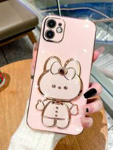 Makeup Mirror Rabbit Stand Electroplated Phone Case Compatible With IPhone 15 Pro Max 14 13 12 11 - Pink - View 5