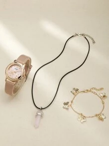 1入組女式杏色PU聚氨酯錶帶迷人水鑽裝飾圓形錶盤石英手錶和2入組首飾套裝，適用於日常生活 - 粉色 - 查看 1