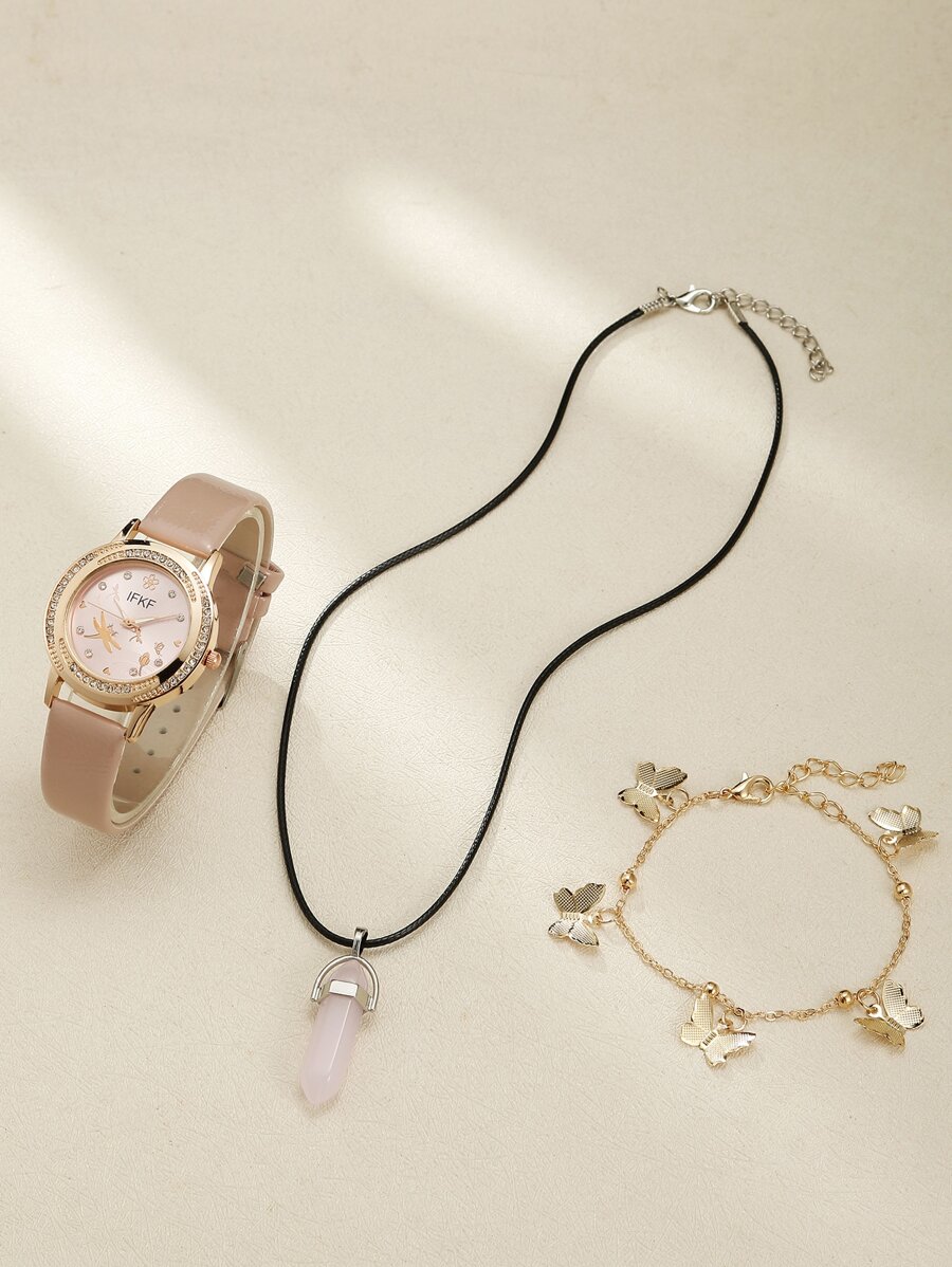 1入組女式杏色PU聚氨酯錶帶迷人水鑽裝飾圓形錶盤石英手錶和2入組首飾套裝，適用於日常生活 - 粉色 - 查看 1