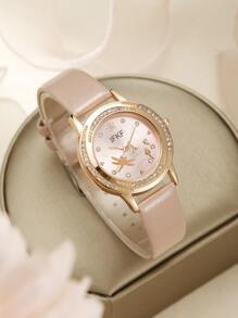 1入組女式杏色PU聚氨酯錶帶迷人水鑽裝飾圓形錶盤石英手錶和2入組首飾套裝，適用於日常生活 - 粉色 - 查看 2