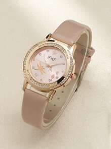 1入組女式杏色PU聚氨酯錶帶迷人水鑽裝飾圓形錶盤石英手錶和2入組首飾套裝，適用於日常生活 - 粉色 - 查看 3