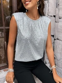 SHEIN Clasi Áo khoác và áo lót dành cho xe tăng nữ màu trơn Buổi tiệc - Bạc - Xem 3