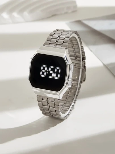 1 件男式女式银色锌合金表带休闲几何表盘数字手表，适合日常生活，可作为学生返校礼物