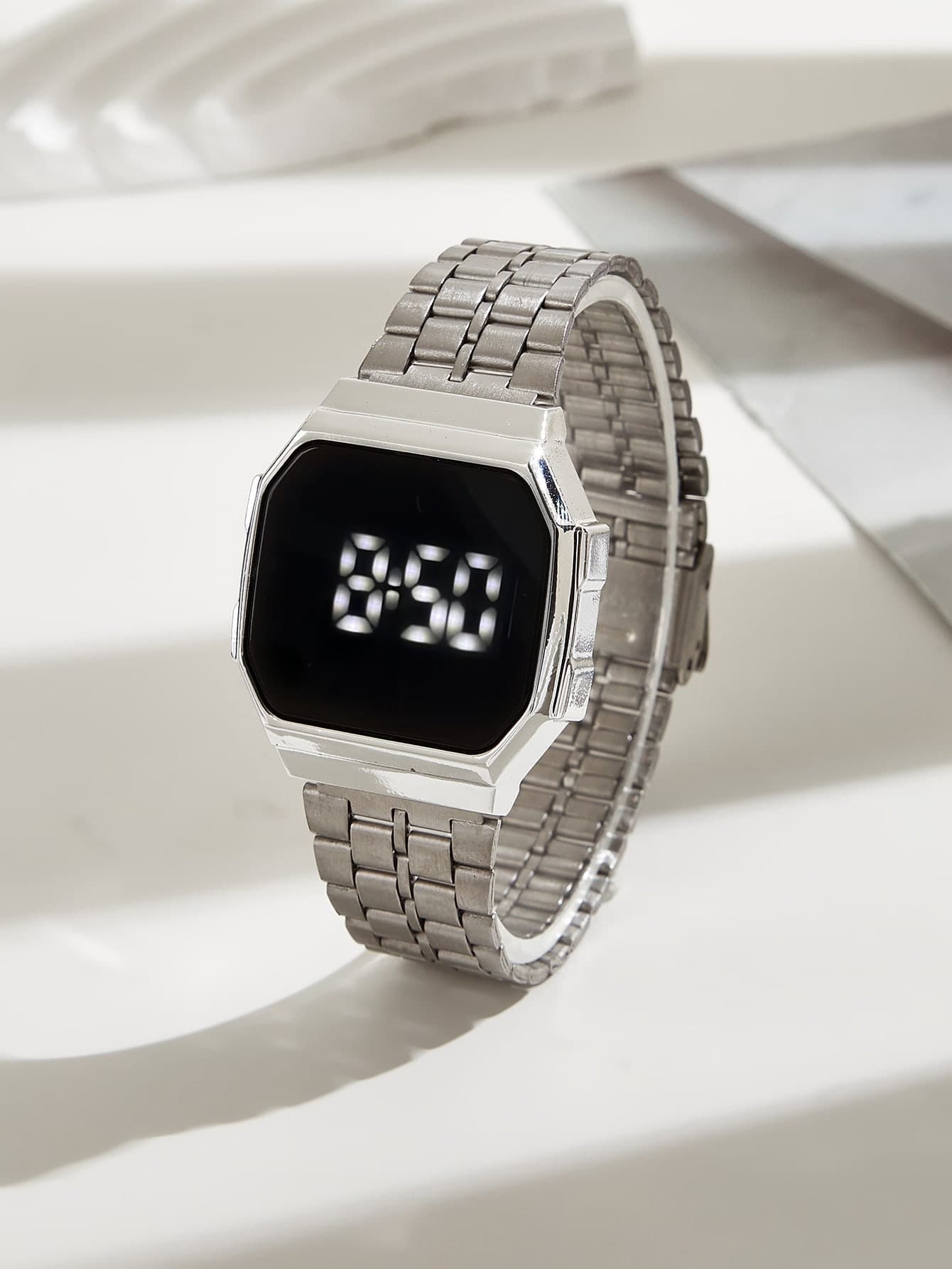 1pc Men Women Silver Zinc Alloy Strap Casual Geometric Dial Digital Watch, For Daily Life As A Gift For Students Returning To School