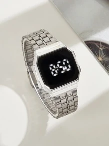 1pc Men Women Silver Zinc Alloy Strap Casual Geometric Dial Digital Watch, For Daily Life As A Gift For Students Returning To School