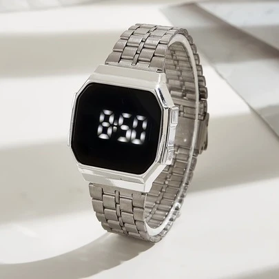 1 件男式女式银色锌合金表带休闲几何表盘数字手表，适合日常生活，可作为学生返校礼物