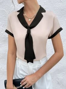 SHEIN Privé 拼接邊蝙蝠袖襯衫 - 卡其色 - 查看 1