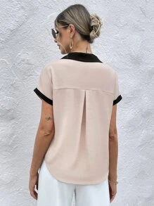 SHEIN Privé 拼接邊蝙蝠袖襯衫 - 卡其色 - 查看 2