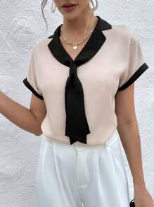 SHEIN Privé 拼接邊蝙蝠袖襯衫 - 卡其色 - 查看 3