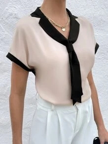 SHEIN Privé 拼接邊蝙蝠袖襯衫 - 卡其色 - 查看 4