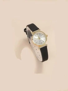 1pc Black PU Polyurethane Strap Elegant Round Dial Quartz Watch, For Daily Life As A Gift For Students Returning To School