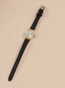 1pc Black PU Polyurethane Strap Elegant Round Dial Quartz Watch, For Daily Life As A Gift For Students Returning To School