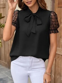 SHEIN Clasi Áo sơ mi nữ Xù Thắt nơ trước Tương phản Mesh màu trơn Thanh lịch - màu đen - Xem 1