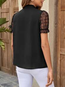 SHEIN Clasi Áo sơ mi nữ Xù Thắt nơ trước Tương phản Mesh màu trơn Thanh lịch - màu đen - Xem 2