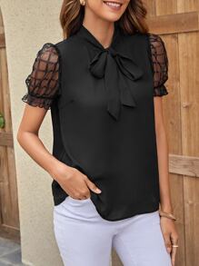 SHEIN Clasi Áo sơ mi nữ Xù Thắt nơ trước Tương phản Mesh màu trơn Thanh lịch - màu đen - Xem 3