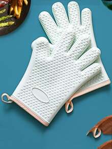 2 piezas/set guante de horno de silicona, guante de horno de cocina de encuadernación de contraste moderno para cocina - Verde - Ver 1