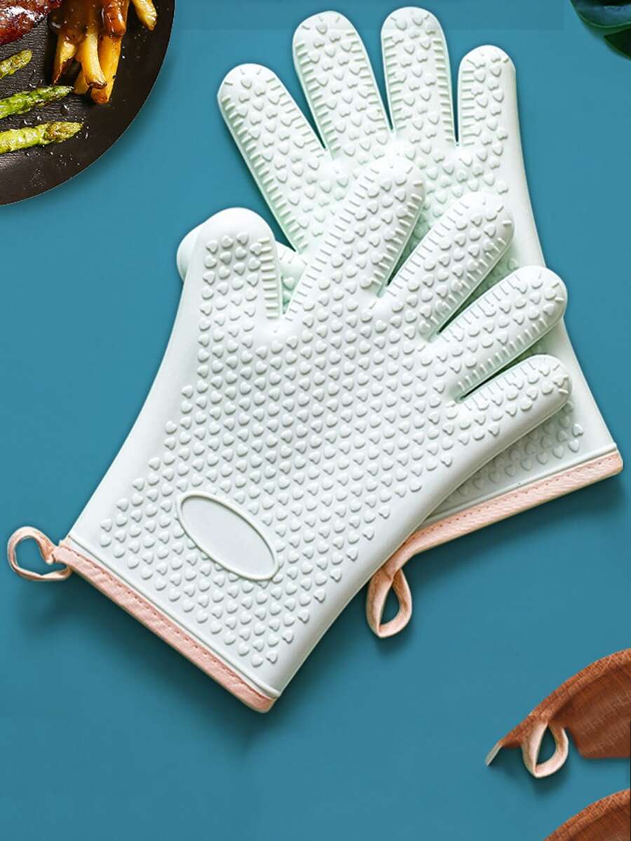 2 piezas/set guante de horno de silicona, guante de horno de cocina de encuadernación de contraste moderno para cocina - Verde - Ver 1
