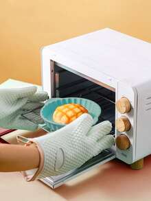 2 piezas/set guante de horno de silicona, guante de horno de cocina de encuadernación de contraste moderno para cocina - Verde - Ver 2