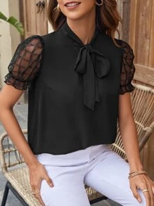 SHEIN Clasi Áo sơ mi nữ Xù Thắt nơ trước Tương phản Mesh màu trơn Thanh lịch - màu đen - Xem 5
