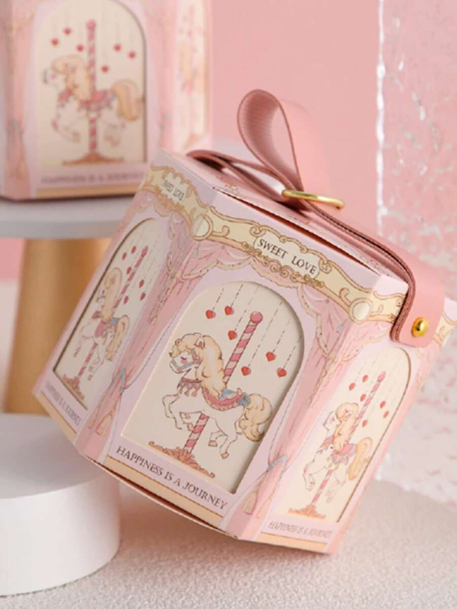 1入組旋轉木馬圖案禮物盒,卡通動物印花紙禮物盒適合派對,假期 - 彩色 - 查看 1