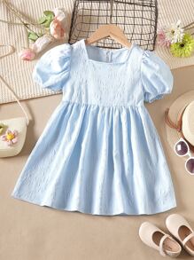 小女童提花方領泡泡袖娃娃裙 - 淺藍色 - 查看 1