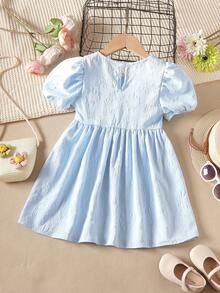 小女童提花方領泡泡袖娃娃裙 - 淺藍色 - 查看 2