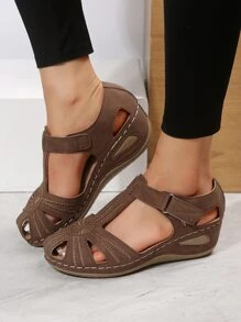 女士刺繡細節踝帶優雅戶外坡跟涼鞋 - 咖啡棕 - 查看 1