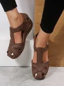 女士刺繡細節踝帶優雅戶外坡跟涼鞋 - 咖啡棕 - 查看 4