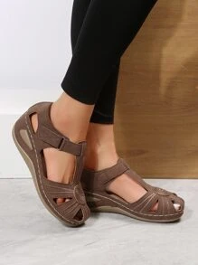 女士刺繡細節踝帶優雅戶外坡跟涼鞋 - 咖啡棕 - 查看 5