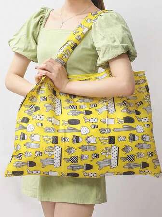 1入組仙人掌圖案購物袋,現代聚酰胺收納袋適用於戶外