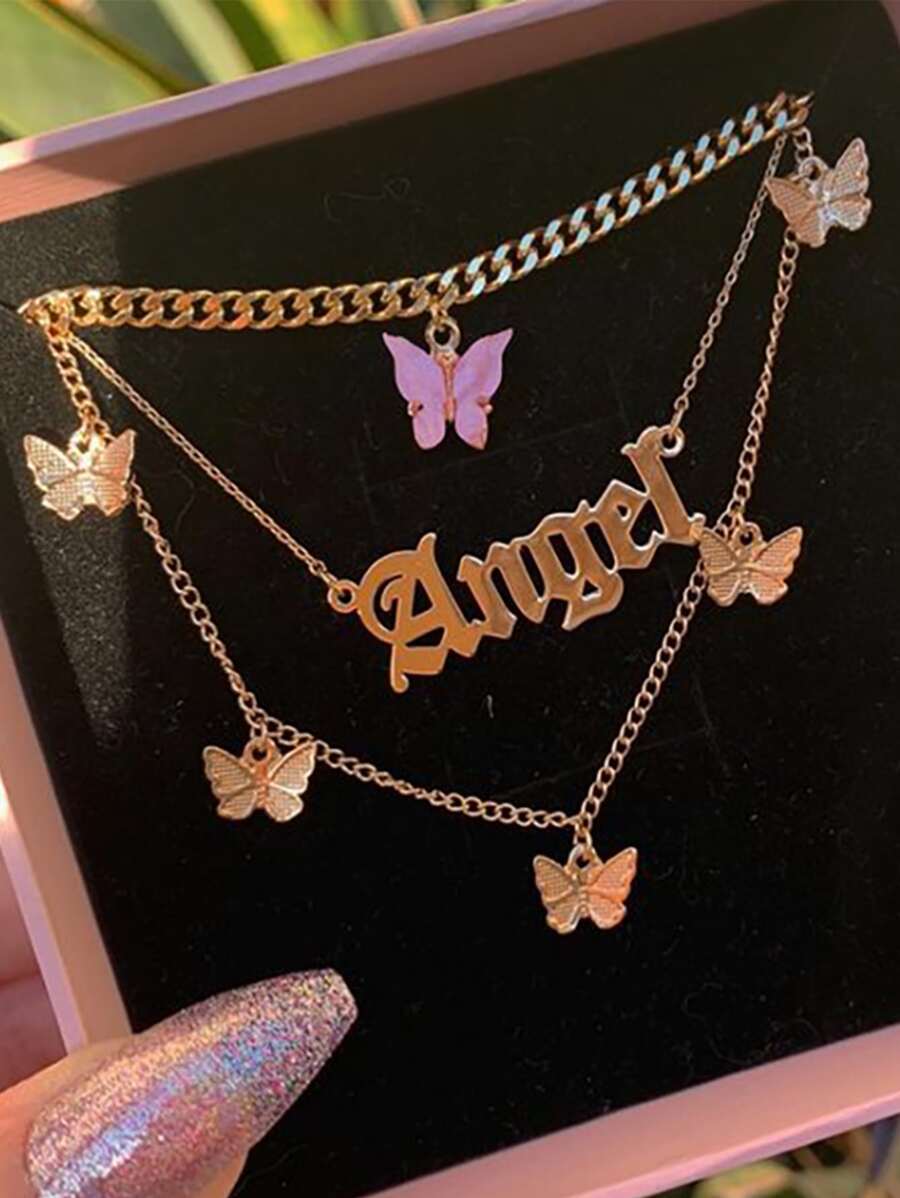 1 Hợp Kim Kẽm Thời Trang Bướm & Chữ Charm Lớp Vòng Cổ Cho Nữ Trang Trí Hàng Ngày - Bạc - Xem 1