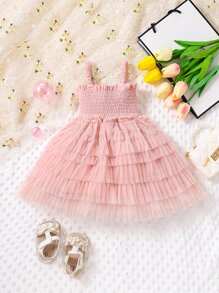 SHEIN 嬰兒打褶多層網紗邊吊帶連衣裙 - 粉色 - 查看 1