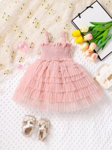 SHEIN 嬰兒打褶多層網紗邊吊帶連衣裙 - 粉色 - 查看 2