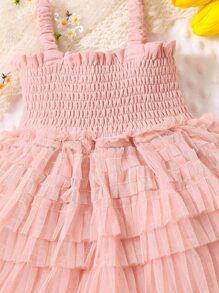 SHEIN 嬰兒打褶多層網紗邊吊帶連衣裙 - 粉色 - 查看 5