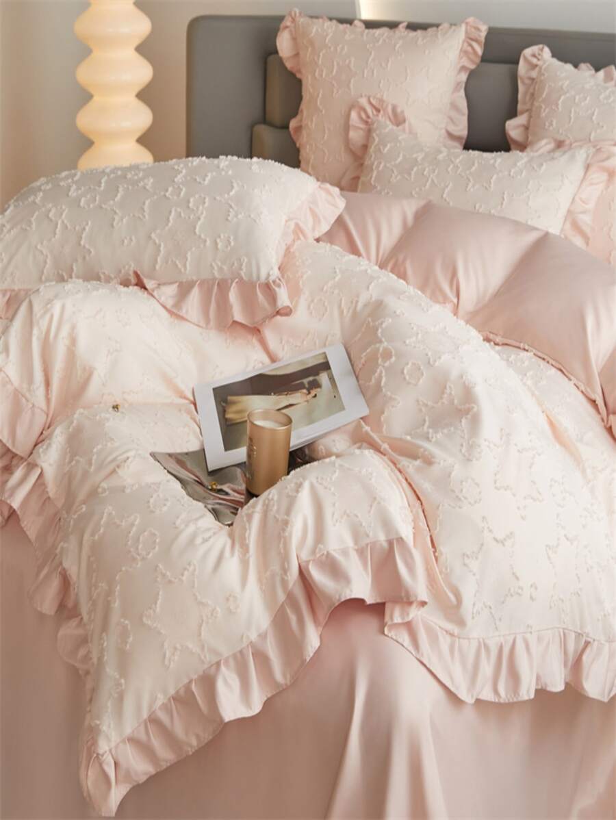 4pcs/set Plain Duvet Cover Set Without Filler(1 Duvet Cover & 1 Sheet & 2 Pillowcase) Polyester Ruffle Trim Bedding Set For Home - Pink - View 1