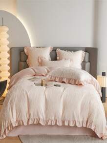 4pcs/set Plain Duvet Cover Set Without Filler(1 Duvet Cover & 1 Sheet & 2 Pillowcase) Polyester Ruffle Trim Bedding Set For Home - Pink - View 3
