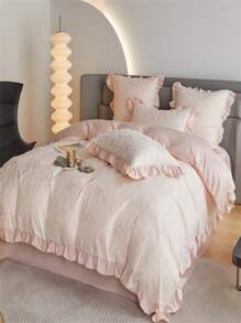 4pcs/set Plain Duvet Cover Set Without Filler(1 Duvet Cover & 1 Sheet & 2 Pillowcase) Polyester Ruffle Trim Bedding Set For Home - Pink - View 4