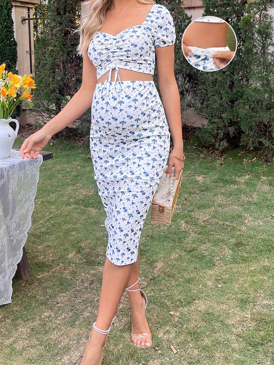 SHEIN 孕婦碎花抽繩短款上衣和可調節腰圍半身裙 - 藍白色 - 查看 1