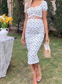 SHEIN 孕婦碎花抽繩短款上衣和可調節腰圍半身裙 - 藍白色 - 查看 3