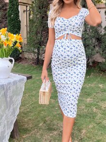 SHEIN 孕婦碎花抽繩短款上衣和可調節腰圍半身裙 - 藍白色 - 查看 5