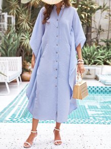 SHEIN VCAY Striped Print Batwing Sleeve Shirt Dress - Blue - View 6