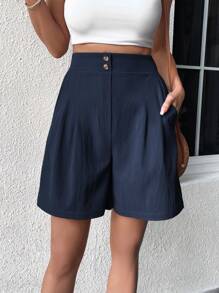 SHEIN LUNE 高腰拼接細節闊腿短褲 - 藏蓝色 - 查看 4