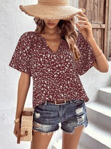 SHEIN LUNE 碎花缺口領蝙蝠袖襯衫 - 酒紅色 - 查看 4