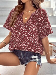 SHEIN LUNE 碎花缺口領蝙蝠袖襯衫 - 酒紅色 - 查看 5