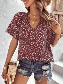 SHEIN LUNE 碎花缺口領蝙蝠袖襯衫 - 酒紅色 - 查看 6