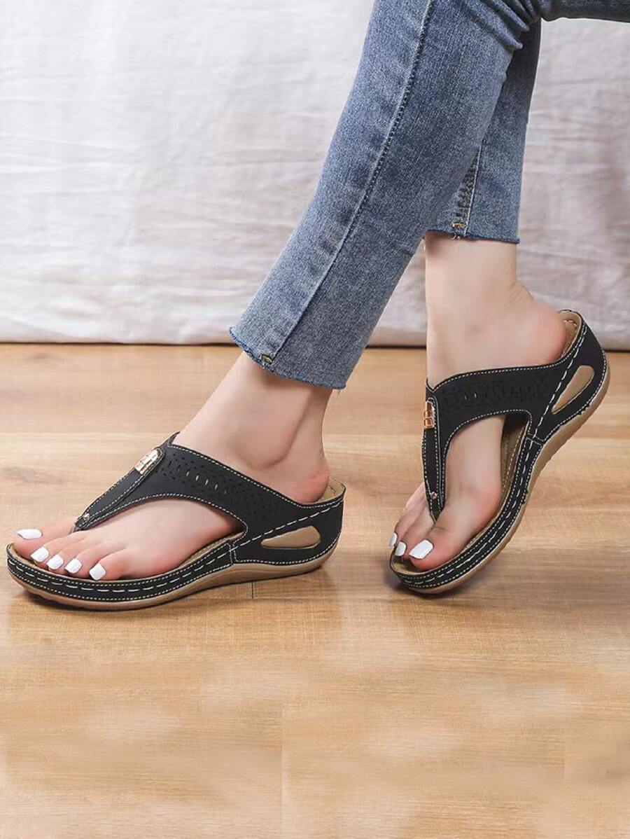 女士鏤空丁字褲時尚戶外坡跟涼鞋