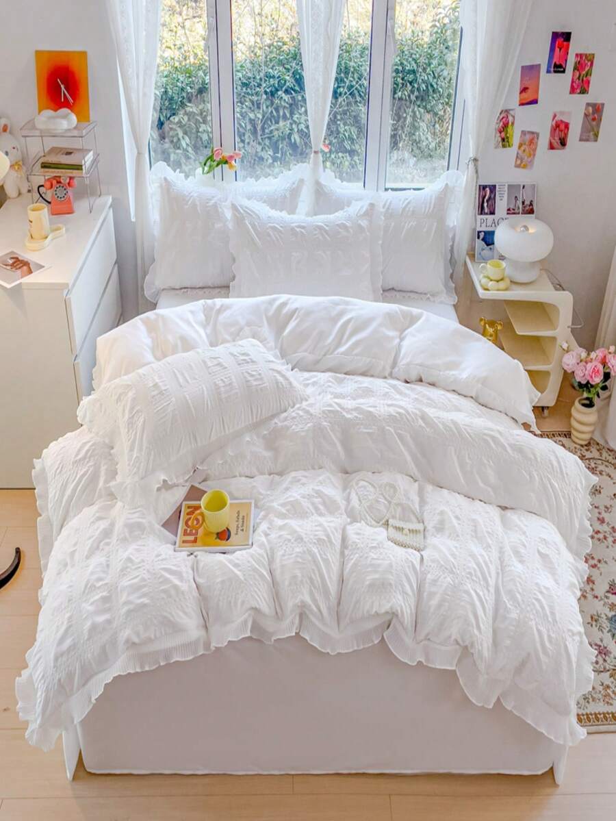 4入組套無填充物素色荷葉邊羽絨被套1入組被套和1入組床單和2入組枕套滌綸家用床上用品套裝 - 白色 - 查看 1