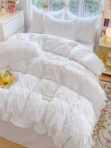 4入組套無填充物素色荷葉邊羽絨被套1入組被套和1入組床單和2入組枕套滌綸家用床上用品套裝 - 白色 - 查看 2