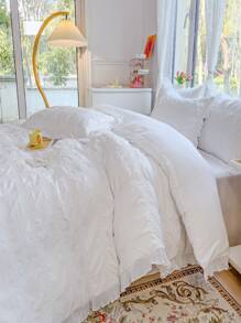 4入組套無填充物素色荷葉邊羽絨被套1入組被套和1入組床單和2入組枕套滌綸家用床上用品套裝 - 白色 - 查看 4